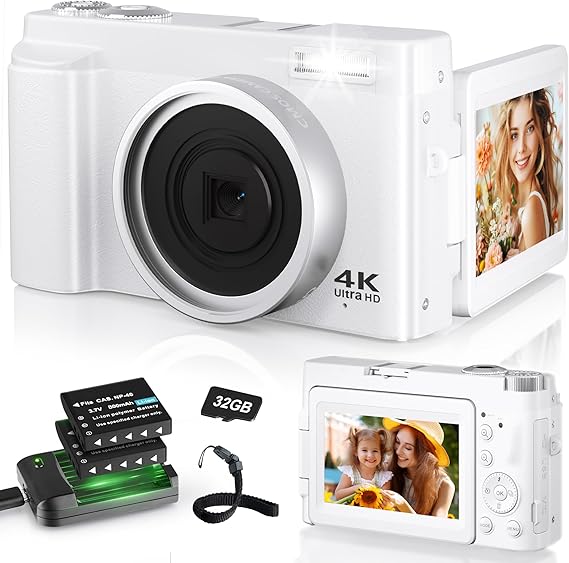 Digital Camera 4K, 48MP 16X Autofocus Digital Zoom Photo Camera, 3 Inch 180° Flip LCD Screen Compact Vlog Camera with Charging Station, 2 * 800 mAh Batteries, 32GB Card for Beginners, Children