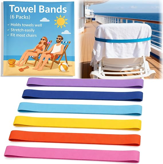 Extra Wide Beach Towel Bands, Towel Straps, Beach Chair, Pool Chairs Cruise Ship Essentials, Towel Chair Clips Towel Holder Beach Towel Clips Thicken No Snapping Easy to Stretch (6 Pack - 6 Colors)