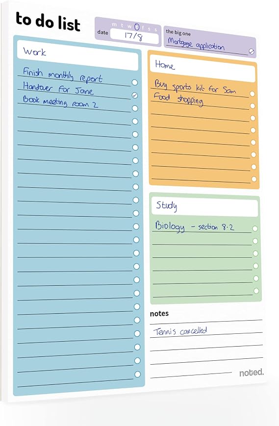 Noted A5 To Do List Pad - 3 Sections for Work, Home & Study, Undated Desk | A5 to do list pad - 3 sections for work, home & study, plus the big one task box & notes - 52 sheets, 100gsm