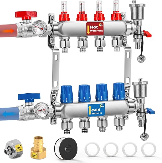 4-Branch Radiant Heating PEX Manifold Kit for Hydronic Radiant Floor Heating Stainless Steel Manifold Kit for PEX Tubing (1/2 and 3/4 adapters included)