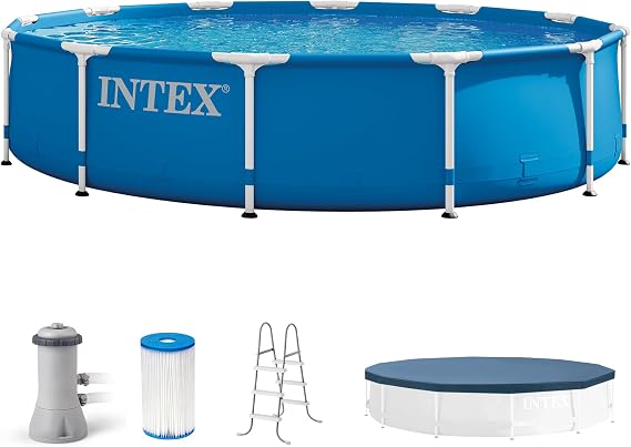 Intex 12' x 30" Round Metal Frame Outdoor Above Ground Swimming Pool Set with Filter Pump, Cartridges, 42 Inch Steel Pool Ladder, and Secure Cover