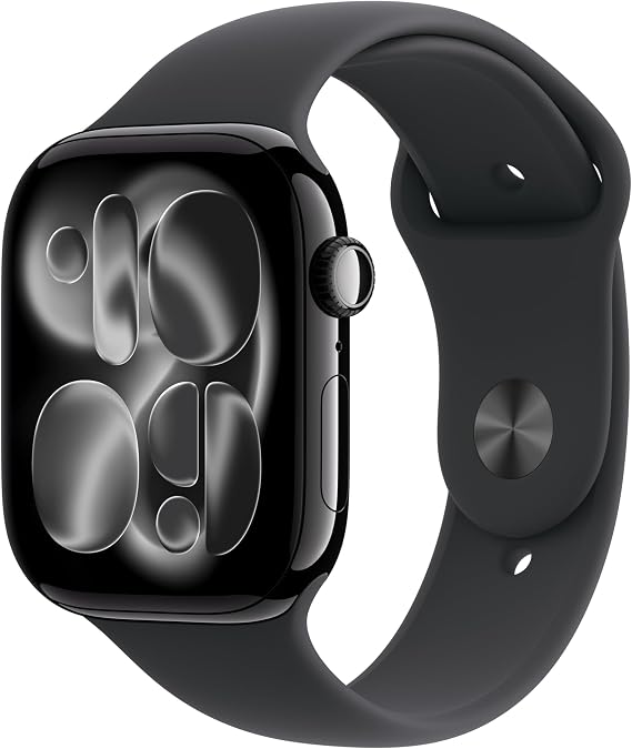 Apple Watch Series 11 GPS 42 mm Jet Black Aluminum Case Smart Watch and Black Sports Cord - S/M. Sleep Score, Fitness Tracking, Health Monitoring, Always Open Screen, Waterproof Design