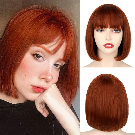 WERD Auburn Red Bob Wig with Bangs Short Synthetic Wig for Women Party