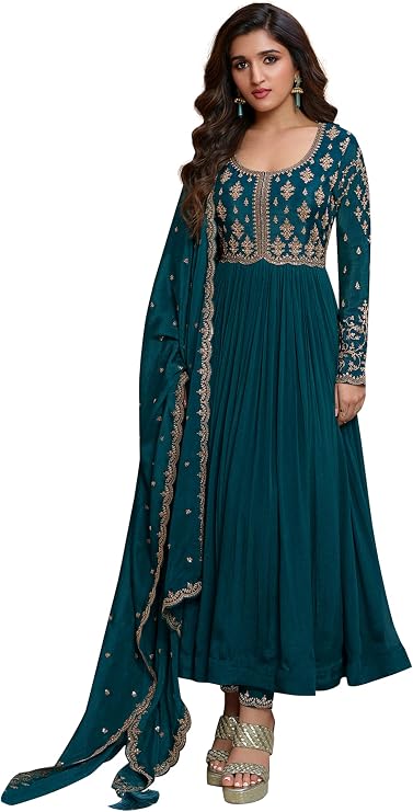 TRENDMALLS Women's Silk Blend Embroidery Work Anarkali Kurta Pant Set with Dupatta