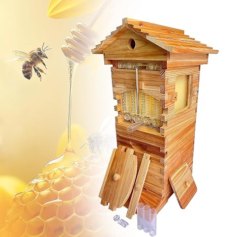 Automatic Beehive, Self Flowing Beehive Starter Kit in Natural Cedar, Grav-ity-Fed Honey Flow, No Hive Opening, with Honey Spout and Observation Window, 4 Frames + 6 Trays, Holds 6000 Be-ES