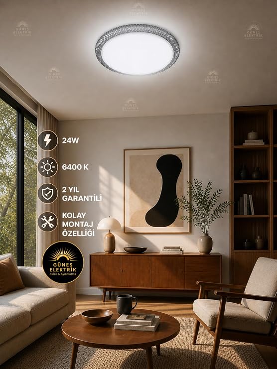 Esemlight 24W Tavan Armatürü, Kristal Gri Çerçeveli, 6400K Beyaz Işık, Enerji Tasarruflu, Modern Stil [Enerji Sınıfı A]