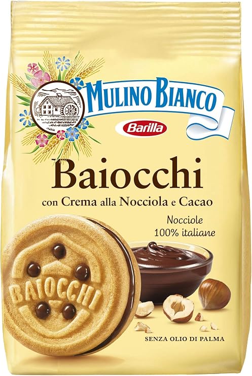 Mulino Bianco Baiocchi Hazelnut Biscuits – Authentic Italian Pastry Cookies with Hazelnut & Chocolate Cream Filling, Palm Oil Free, Family Pack (260g)