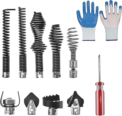 Professional 10Pcs Drain Snake Drill Attachment Kit with Waterproof Non-Slip Gloves, Fits 58 Drain Snake Cables, Compatible with K-400 C-4 C-6 C-7 C-8 and C-9 Drain Cleaning Machines