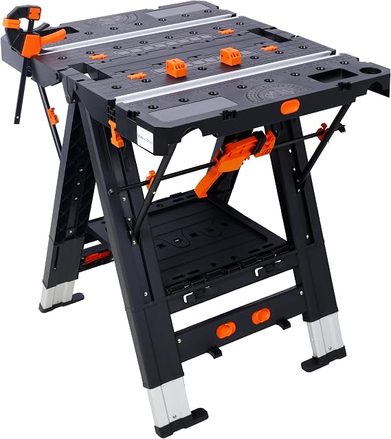 Yozma Portable Folding Work Table, 2-in-1 Sawhorse & Workbench, Heavy-Duty 1000lb Load Capacity, Includes 2 Clamps, Compact & Sturdy for DIY Projects (Black, 31" W 25" D)