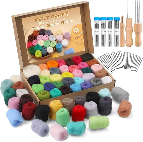 Mayboos 60 Colors Needle Felting Kit with Assorted Wool Roving & Needles | Soft Felting Wool, with 4 Sizes Felting Needles 60 Pcs Total &3 Wooden Handles for Adults & Beginners DIY Felting