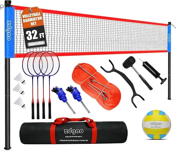 Zdgao 20FT/32FT Volleyball & Badminton Combo Sets for Backyard | Adjustable Height Poles System, Anti-Sag Net, Volley ball, Racket Set, Boundary Line, Carry Bag, Complete Set for Outdoor Fun
