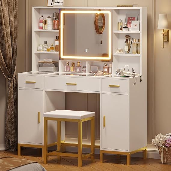 Vanity Desk with Openable Mirror and Lights, Glass Tabletop Makeup Vanity Set with Charging Station, White Vanity Table with 3 Drawers & 2 Cabinets, DIY Drawer Dividers, Hidden Hooks