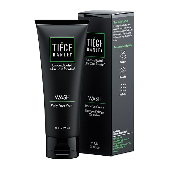 Tiege Hanley Daily Face Wash for Men, Gentle Fragrance-Free Cleanser with Jojoba Oil, Aloe, Vitamin B3, Hydrating Foaming Formula for Deep Clean, Gentle on Sensitive Skin, Mens Skin Care, 2.5 Fl Oz