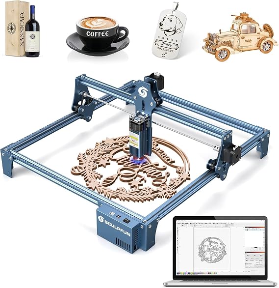 SCULPFUN S9 Laser Engraver 90W,Eye Protection,Compression Focus Laser Spot,15mm Wood Cutting,for Wood Metal Jewelry DIY Design Model Nameplate Puzzle