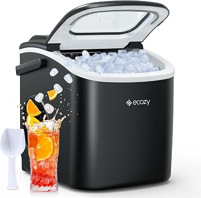ecozy Ice Makers Countertop, Portable Ice Machine with Carry Handle, Ice in 6Mins, 26 lbsDay, Auto-Cleaning Ice Maker with Basket and Scoop, for HomeKitchenCampingRV