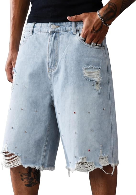 Vamtac Baggy Jorts Men Rhinestone Denim Shorts Y2K Distressed Jean Short Bermuda Hip Hop Summer Casual