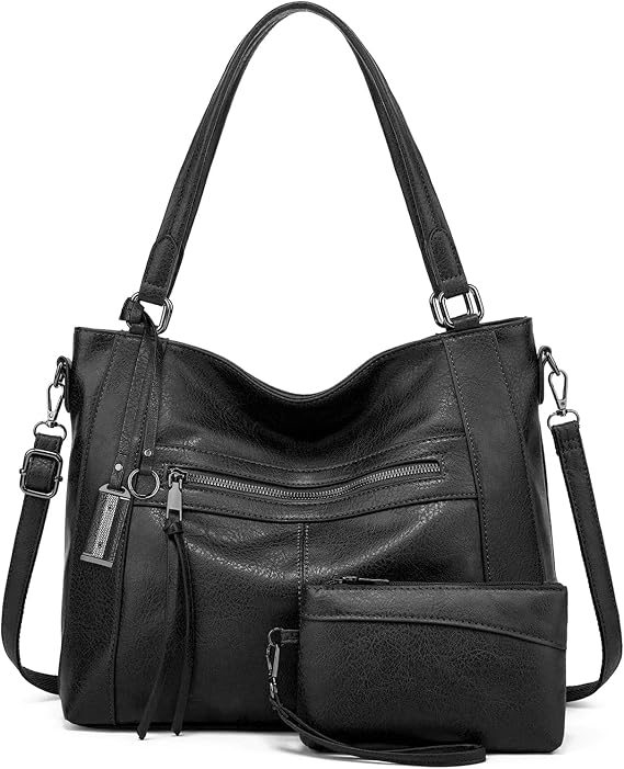 BAIGIO 2-piece Handbags Womens Hobos Shoulder Bags Large Faux Leather Top-Handle Bag Ladies Cross Body Tote Bag with Zipper & Wristlet Purse, for College Work Business Shopping Travel, Black
