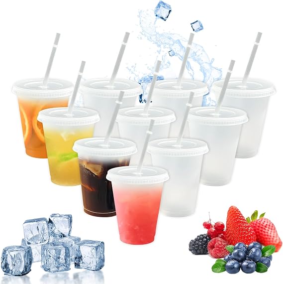 10Pcs Plastic Cups with Lids and Straws, 480ml 16oz Reusable Party Drinking Tumblers, BPA Free Kids Adults White Cold Water Cup for Iced Coffee Smoothie Milkshake Juice Ideal for Travel Camping Picnic