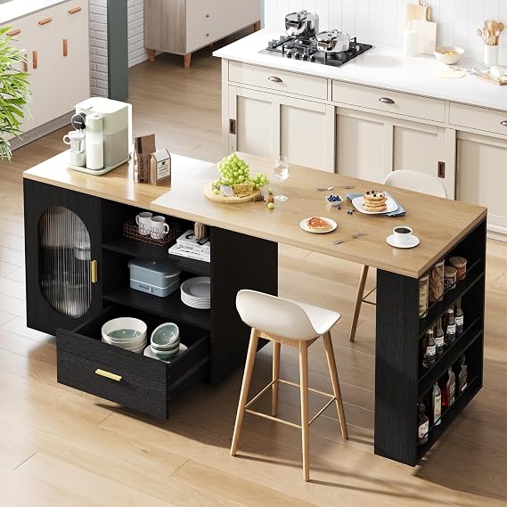 IBF Rolling Kitchen Island on Wheels with Seating and Storage, Black Oak