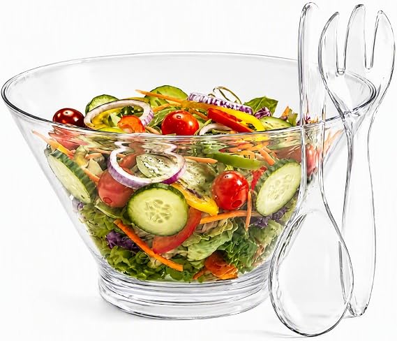 Covzoe 108 Oz Large Acrylic Serving Bowl with Servers, Shatterproof | Reusable Salad Bowl, Food Storage Container for Fruit, Vegetables, Chips Dip, Popcorn, Party, Dishwasher Safe