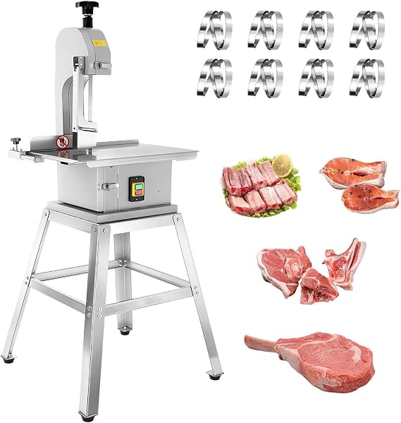 2500W Commercial Electric Meat Saw, 18.7" x 12" Stainless Steel Workbeach, 0.04-7.8 Inch Cutting Thickness, Saving Electric Vertical Bone with 8 Bonus Blades for Slicing Frozen Meat, Pork, Ribs