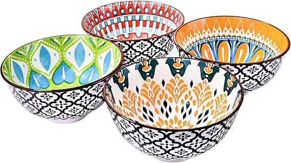 Ceramic Rice Bowl Set of 4, 4.72'' Mandala Pattern Porcelain Bowls | Bohemian Floral Serving Bowls for Rice, Cereal, and Soup. Microwave & Dishwasher Safe
