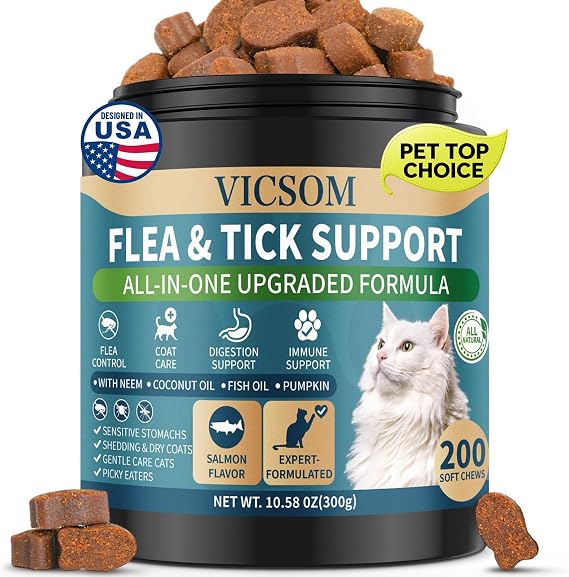 Flea and Tick Prevention for Cats Chewable, 200 Treats Natural Cat Flea Treatment, Skin & Digestive Support Oral Supplement Chew Flea and Tick Treatment for Cat Kitten All Breeds & Ages, Salmon Flavor