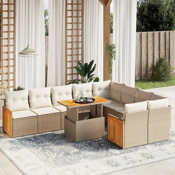 10-Piece Beige Poly Rattan Garden Sofa Set Modular Outdoor Furniture 21.7 x 39.4 x 28.7 in UV-Resistant Frame with Cushions for Patio, Backyard & Balcony Gatherings up to 10 Seats