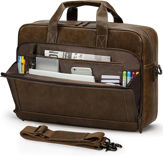 RAINSMORE Mens Laptop Bag 16 Inch Leather Briefcase Vintage Messenger Bag | Waterproof, Large Crossbody Shoulder Office Computer Bag, Retro College Satchel Bag for Work, Business, Travel, Brown