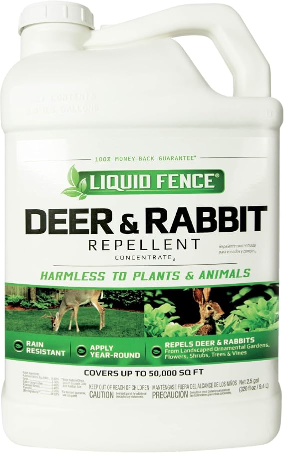 Liquid Fence Deer And Rabbit Repellent Concentrate 2.5 Gallons, 2 Pack | Use to Treat on Gardens, Flowers, Shrubs, Trees & Vines, Covers up to 50,000 Sq. Ft., Harmless to Plants & Animals