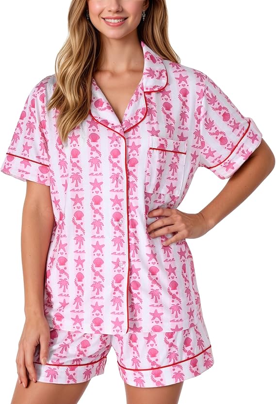 Women's Pajama Set 2 Piece Pjs Cute Preppy Summer Short Sleeve Notch Collar