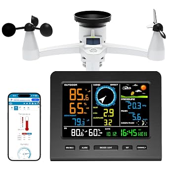 Urageuxy WiFi Weather Stations Wireless Indoor Outdoor, Home Weather Station with Rain Gauge, Wind Speed/Direction, Indoor/Outdoor Thermometer/Humidity, Moon Phrase, Alarm Clock, Barometric Pressure