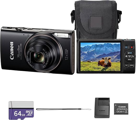 Canon PowerShot ELPH 360 HS A 20.2MP Digital Camera (Black) Bundle | Compact Point & Shoot | For Travel & Family Photography | 12x Optical Zoom | Wi-Fi + 64GB Memory Card + Case (7280C001)