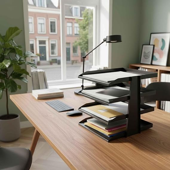 SteelLine 4 Katlı Metal Dosya Rafı - Masa Üstü Ultra Sağlam Ofis Organizer (29.5x30.5x25cm) (Siyah)