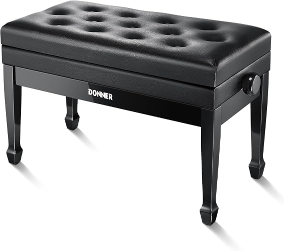 Donner Adjustable Duet Piano Bench with Storage, Solid Wooden Keyboard Bench Piano Bookcase Stool Chair Seat with High-Density Sponges Cushion, Black