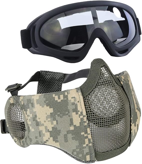 Airsoft Protective Gear Set Half Masks with Ear Protection and Goggles for CS/Hunting/Paintball/Shooting