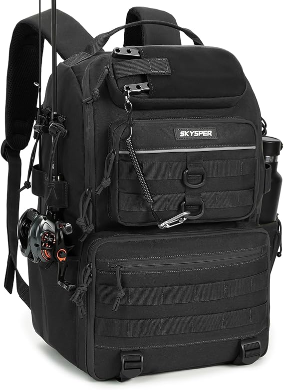 SKYSPER Tackle Backpack Fishing Bags with Rod Holder, 40L Water-Resistant Tackle Box Storage Bag for Fishing Gear Lures(Black)