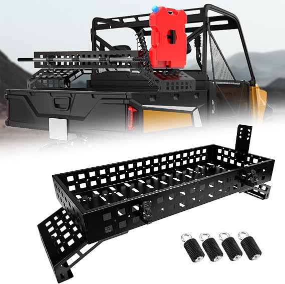 TOPOWN UTV Heavy Duty Overbed Cargo Rack with Adjustable Mounting Brackets | Accommodate Bed Rail Widths from 39.7-56.3(Inside Width), Molle Panel Sides UTV Bed Rack with Tool Clamps and Gas Can Mount