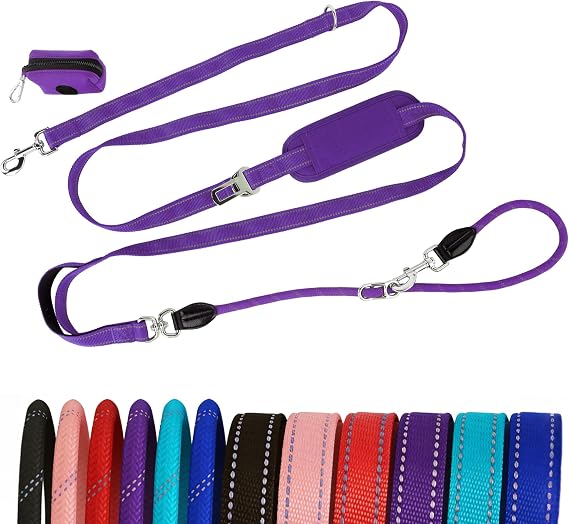 10FT Hands Free Dog Leash for Small Medium Large Dogs, Heavy Duty Reflective Dog Leash with Traffic Handle, Seat Belt Buckle & Poop Bag Holder (Purple)