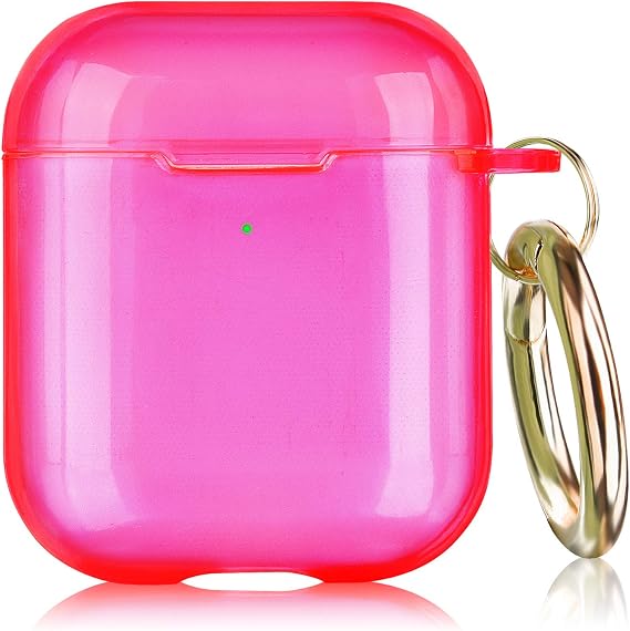 AIRSPO Airpods Case Cover, Clear Soft TPU Protective Cover Compatible with Apple AirPods 1st 2nd Generation Wireless Charging Case with Keychain (Neon Hot Pink)