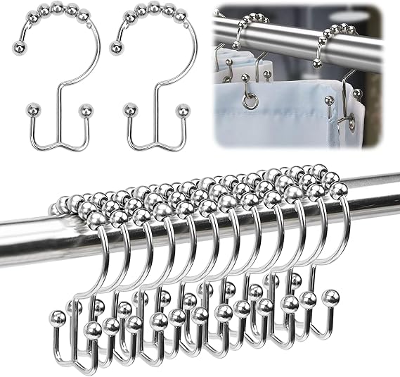 24er Pack Shower Curtain Hooks Rings, Rust Resistant Metal Double Glide Shower Hooks Rings for Bathroom Shower Rods Curtains, Stainless Steel Curtain Hooks (Chrome)