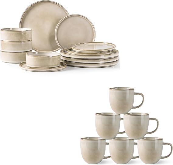 AmorArc 12 pcs Ceramic Dinnerware Sets with 6pcs Coffee mugs,Handmade Reactive Glaze Plates and Bowls Sets, Dishwasher & Microwave Safe Dishes Set, Service for 4