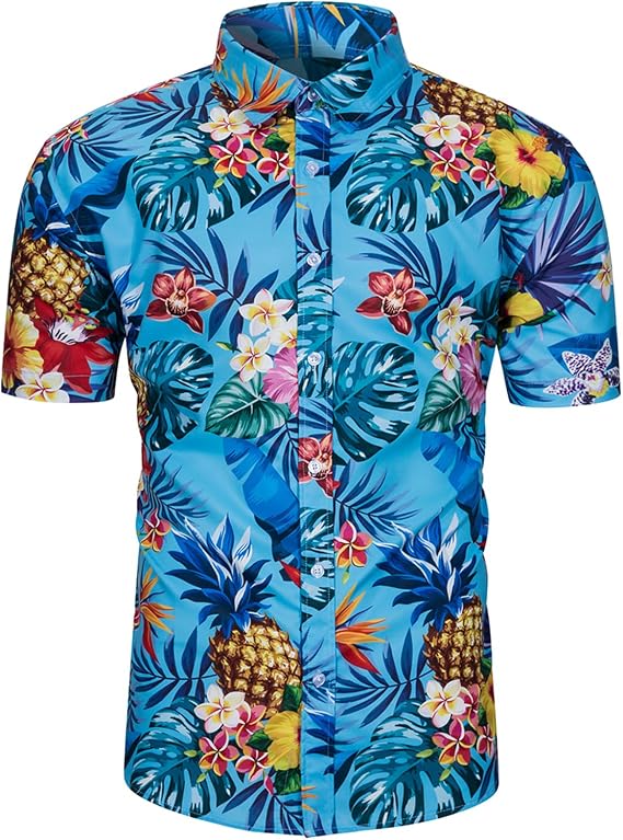 fohemr Mens Funky Hawaiian Shirt Short Sleeve Flower/Pineapple/Bird Print Button Down Beach Shirts