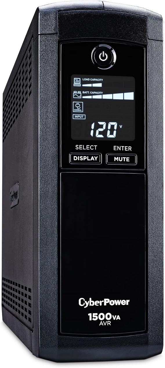 CyberPower CP1500AVRLCD Intelligent LCD UPS Battery Backup and Surge Protector, 1500VA/900W, 12 Outlets, AVR, Mini-Tower, UL Certified | 1500VA/900W, 12 Outlets, AVR, Mini-Tower, UL Certified