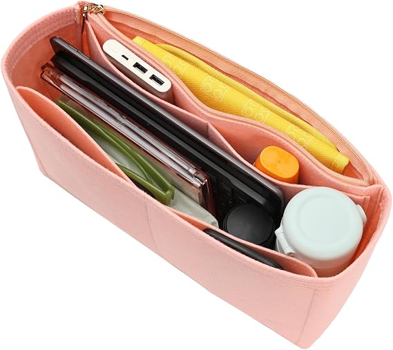 Surblue Purse Organizer Insert for Handbags, Felt Bag Organizer with Zippers Handbag Shaper Pouch for Classic 19 Flap Bag, Marmont, Onthego,(Lightpink, Slender L)