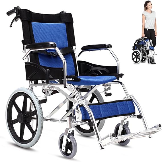 Travel Wheelchairs for Adults Lightweight Foldable Featherweight Transport Wheelchair, Extra Light Portable Collapsible Wheel Chairs for Traveling, Blue