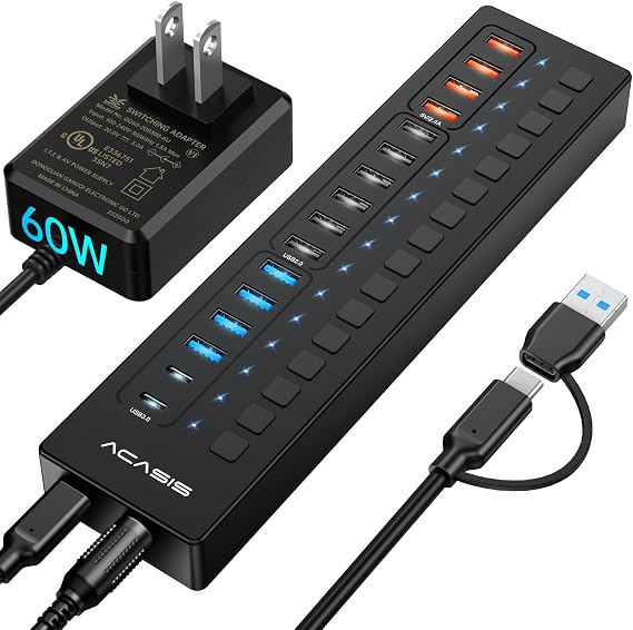 Powered USB 3.0 Hub, ACASIS 16 Port USB Hub Powered(Include 2*USB C 3.0+4 Smart Charging Port) with 60W Power Adapter, Support Wall Mount, USB Hub for PC Laptop, Mac, Printer, Camera