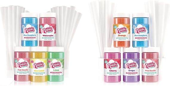 Cotton Candy Express Floss Sugar Variety Pack bundle ten total- 11oz Plastic Jars of Lime, Watermelon, Pina Colada, Orange, Grape, Cherry, and two of each Blue Raspberry and Pink Vanilla Floss Sugar