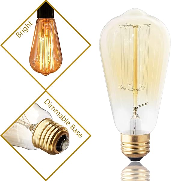 for Edison Light Bulbs, Vintage 60 Watt Incandescent Light Bulbs E26 Base Dimmable Decorative Antique Filament Light Bulbs 252 Lumens, Ray Amber Warm 1 Pcs