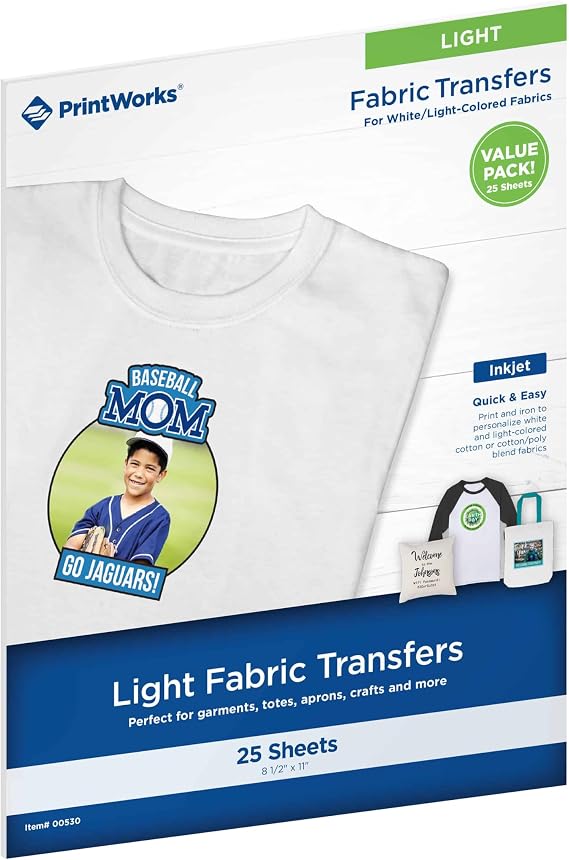 PrintWorks Iron on Heat Transfer Paper for Inkjet Printer - Printable Heat Transfer Vinyl for Light Fabric (Printable HTV) - 8.5" x 11" - 25 Sheets - Made in the USA - Iron on Vinyl (00530)